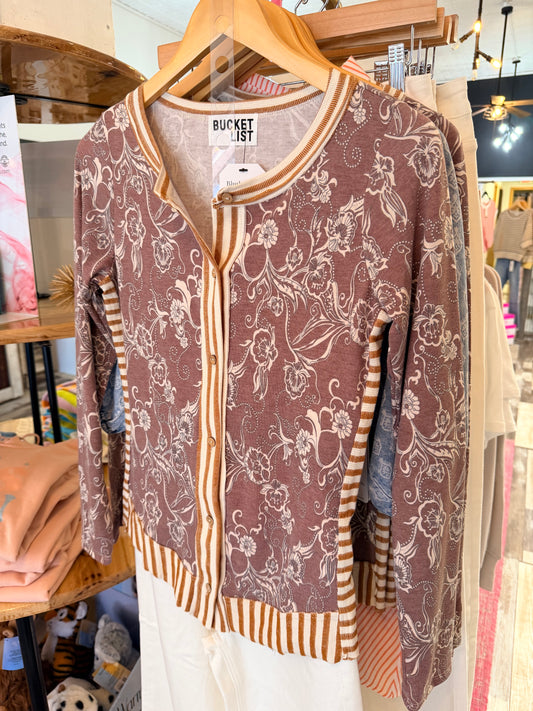 Stripe Contrast Floral Print Button Down Top