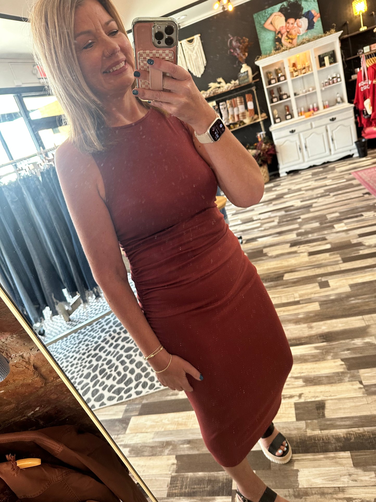 The Karli Open Up Boatneck Ruched Midi Dress