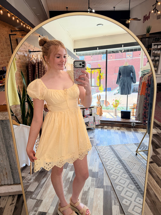 Embroidered Puff Sleeve Scallop Hem Mini Dress