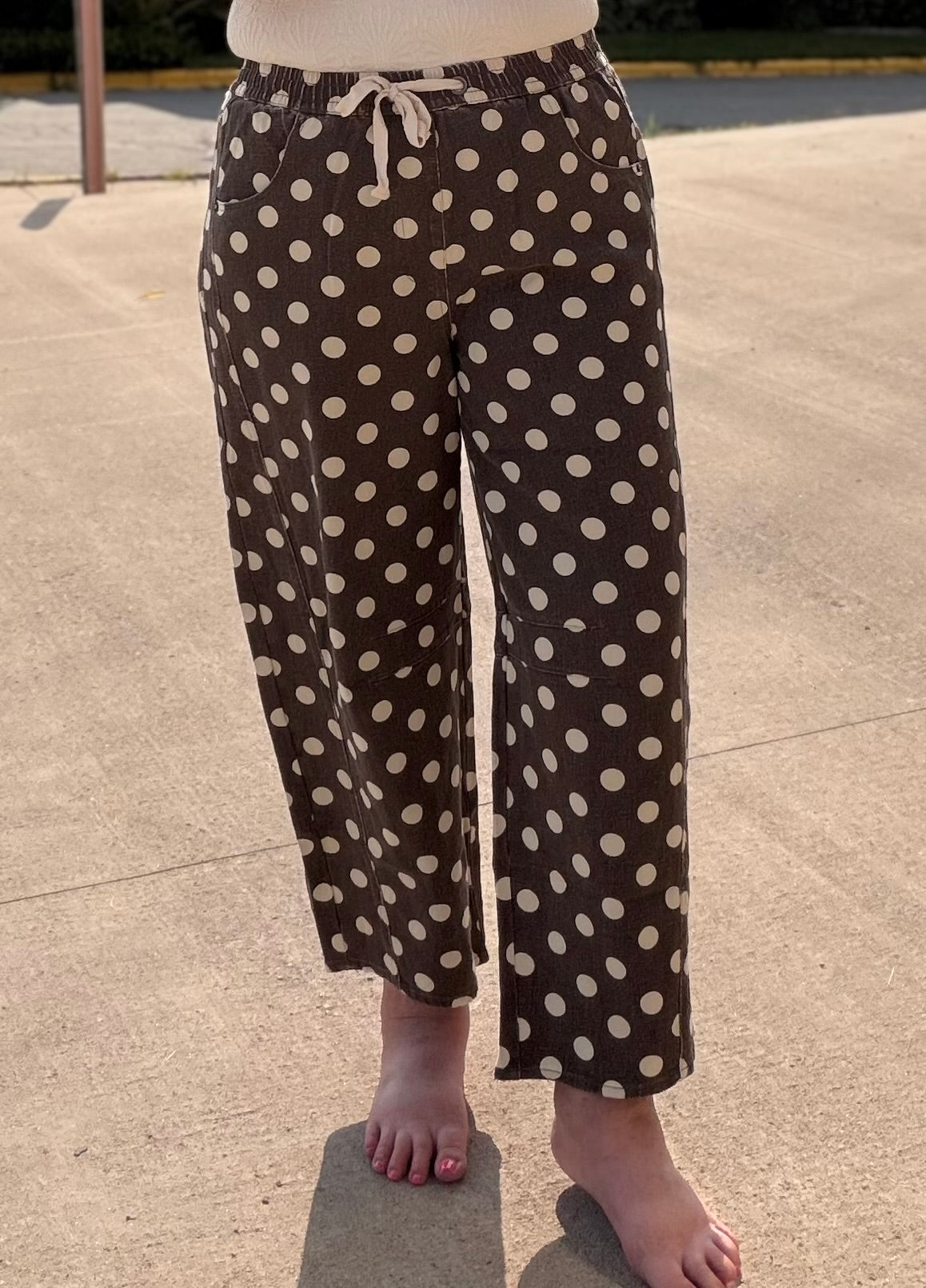 Polka Party Washed Drawstring Waist - Barrel Leg - Soft Denim