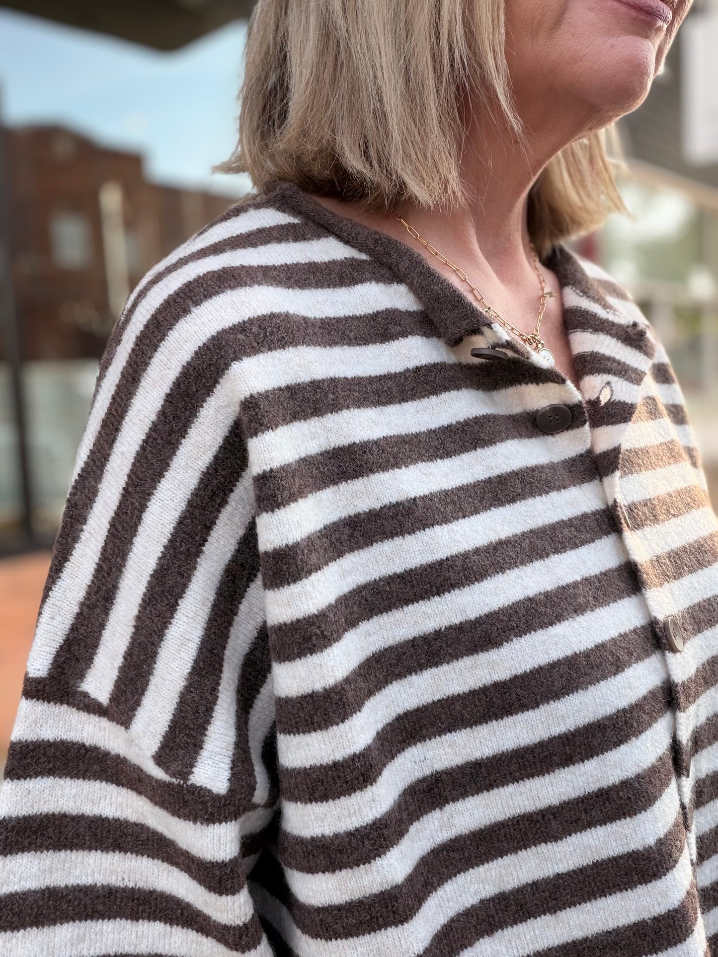 The Tessa Striped Raw Edge Button Down Cardi