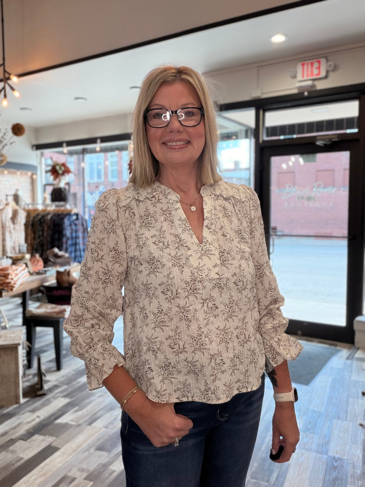 The Reese Floral Leaf Print Split Neck LS Blouse