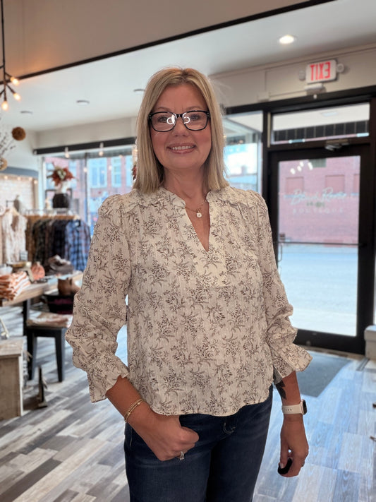 The Reese Floral Leaf Print Split Neck LS Blouse