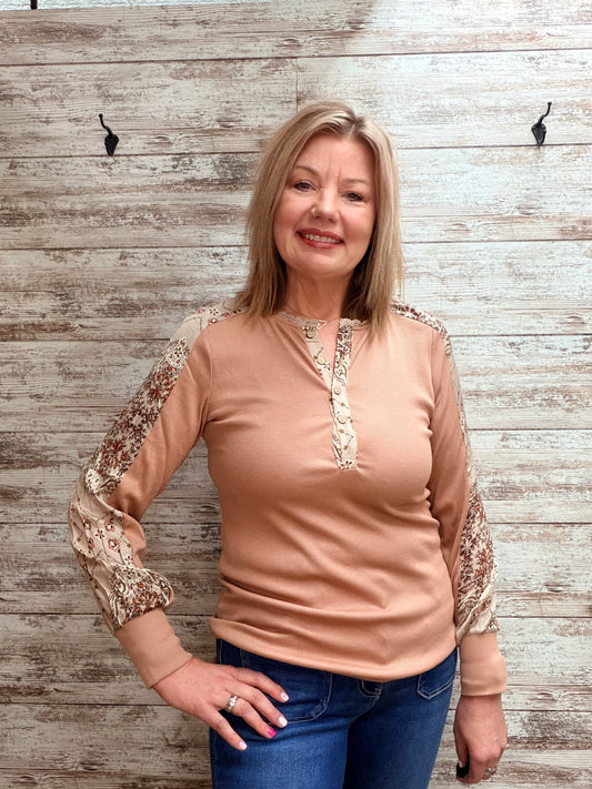 Printed Sleeve Ribbed Henley Top