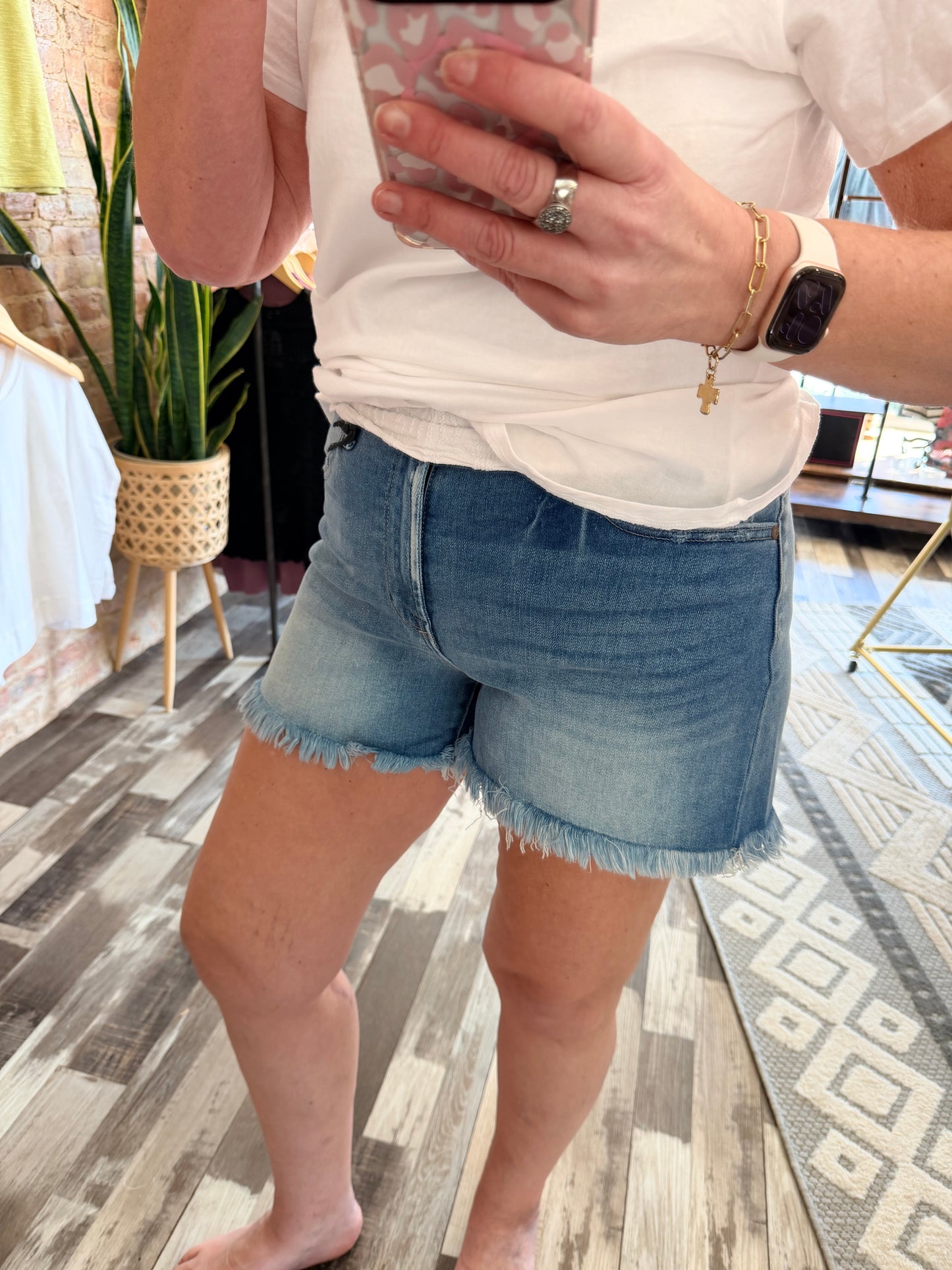 Mid Rise Raw Frayed Hem Denim Shorts