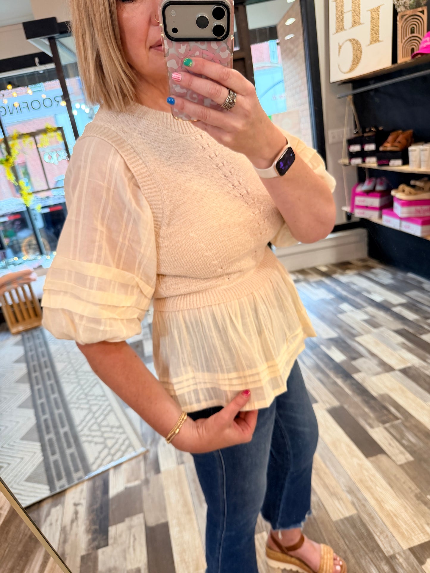 The Addi Peplum Top with Round Neck with Sheer Puff Sleeves