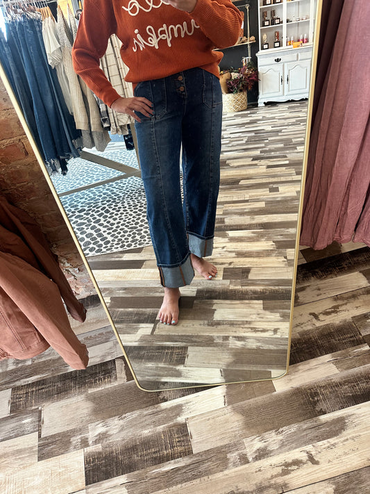 Risen High Rise Wide Leg Button Fly Cuffed Crop Denim