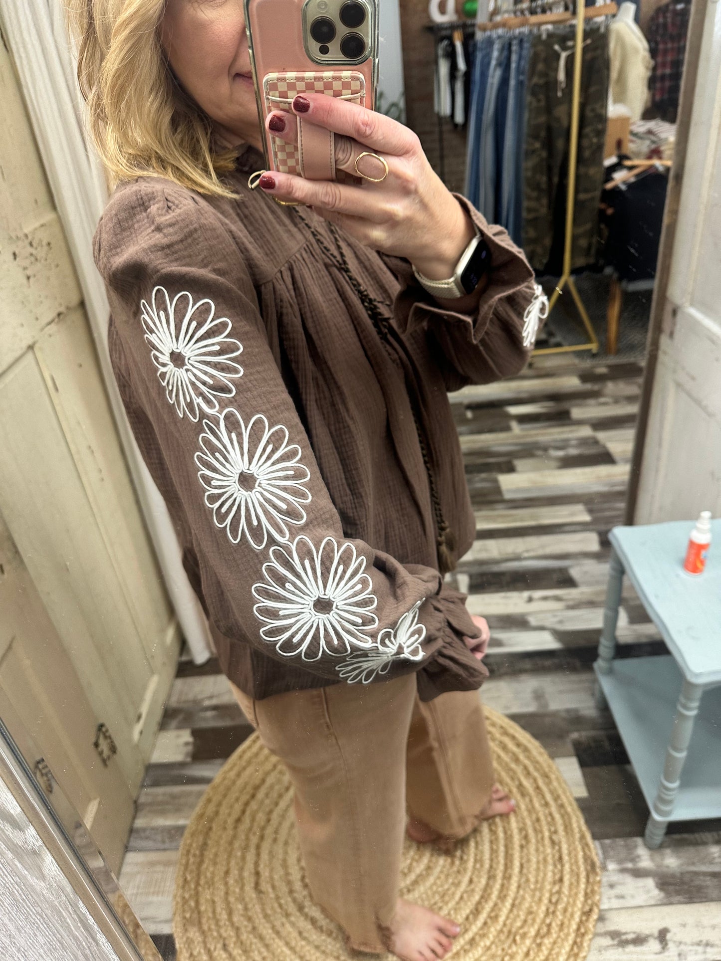 The Dari Flower Embroidery Tassel Trim Babydoll Blouse