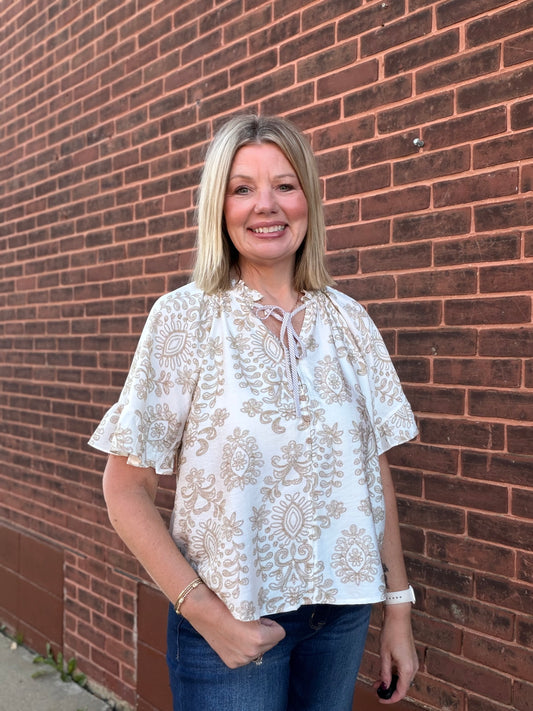 The Poppy Lane Flutter Sleeve Ruffle V Neck Blouse