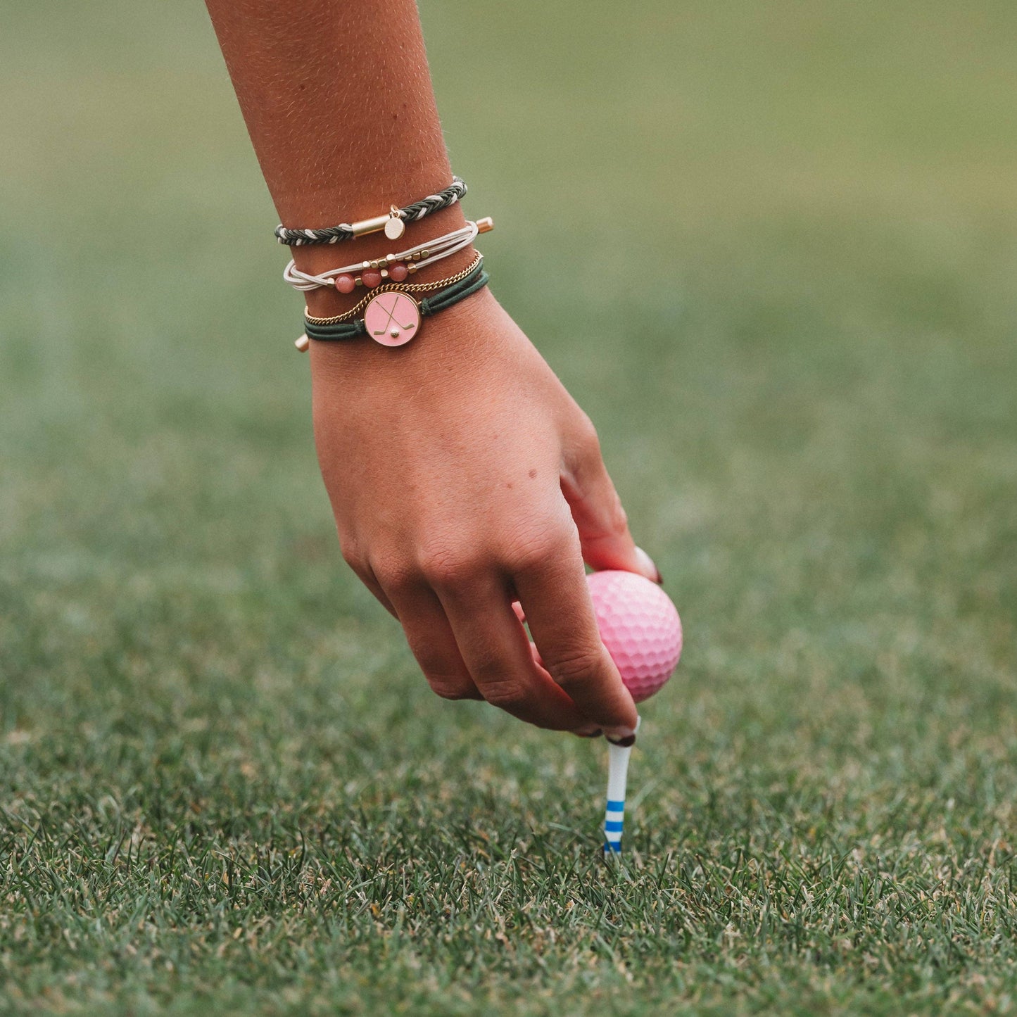"Tee Time" Green & Pink Hair Tie Bracelets with Removable Ball Marker