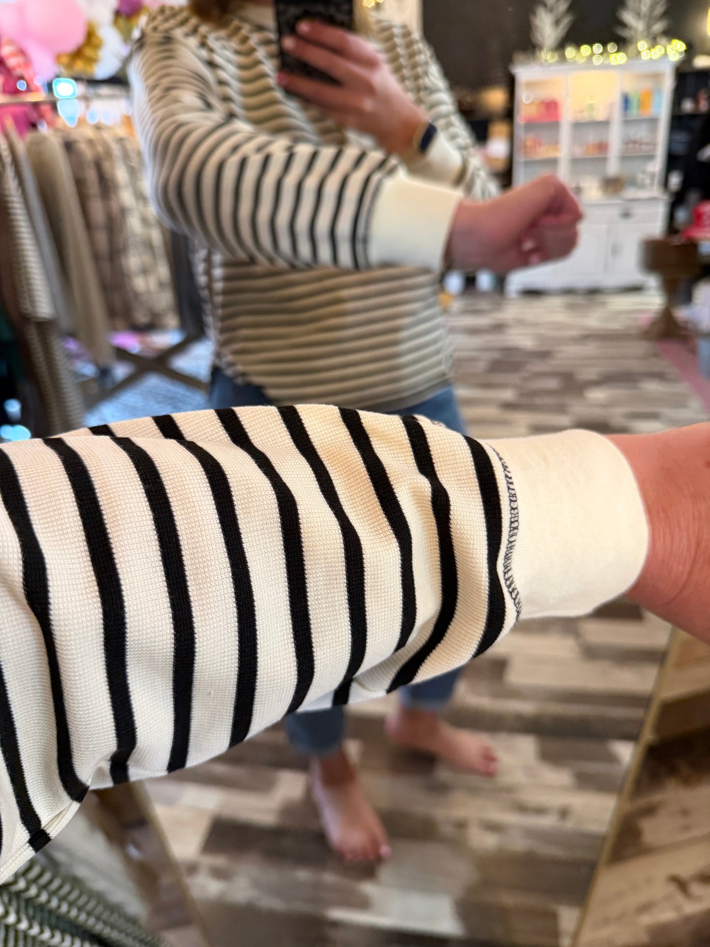 Stripe Henley Snap Button Long Sleeve Knit Top