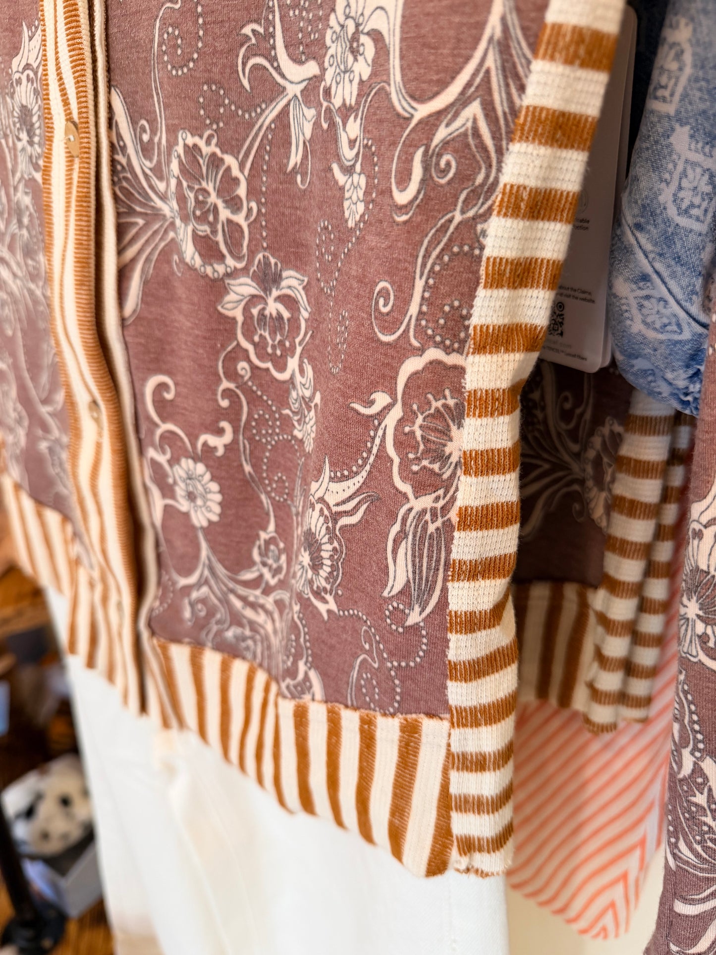 Stripe Contrast Floral Print Button Down Top