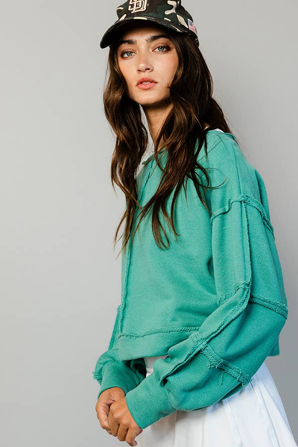 Raw Edge Detail Solid Terry Crop Pullover Top