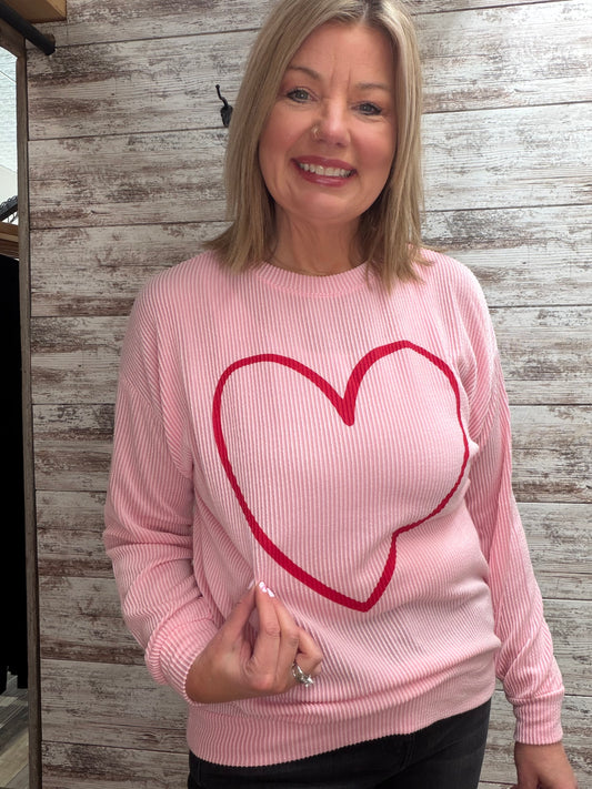 Ribbed Heart Long Sleeve Pullover