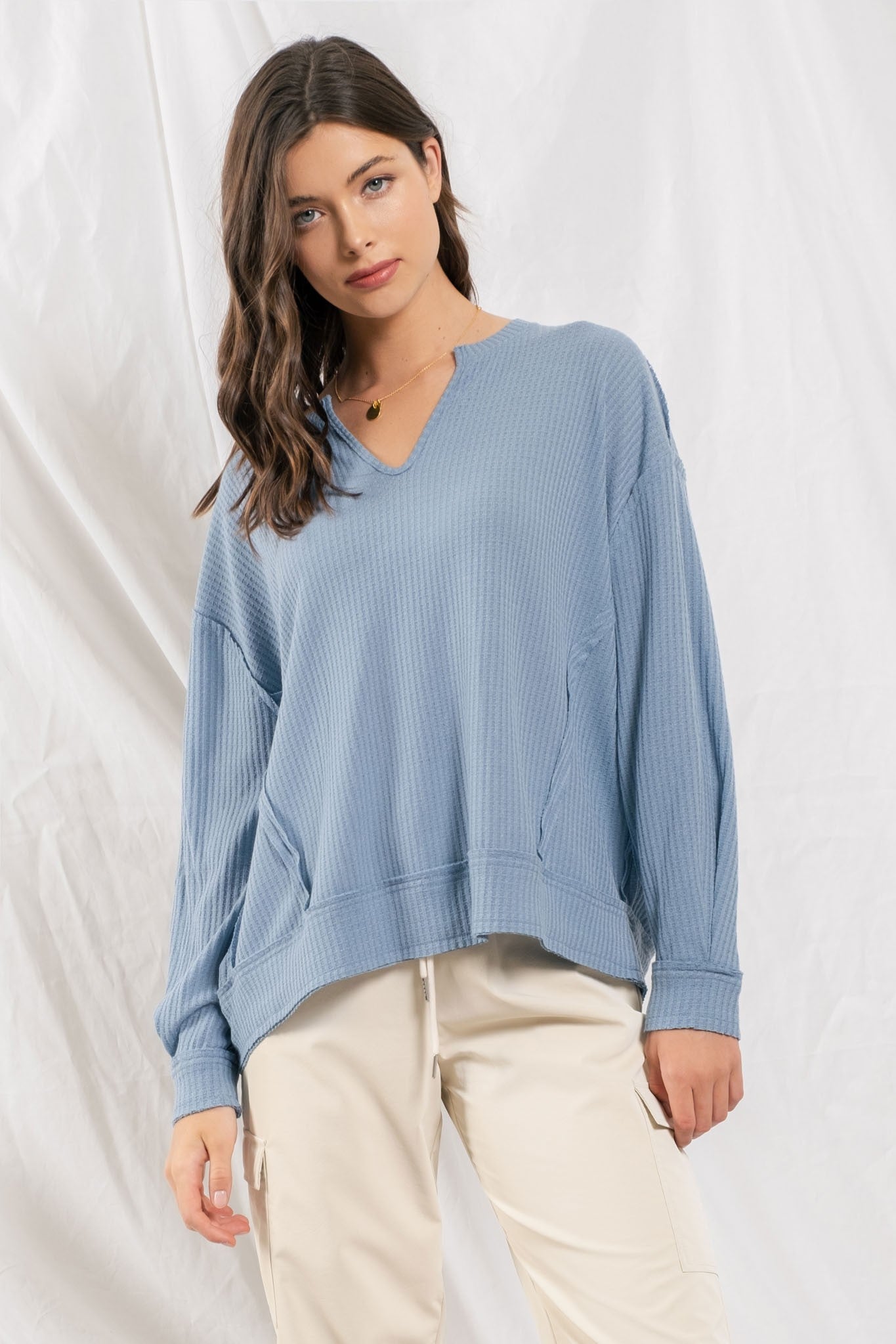 Don't Be Blue Vneck Raw Edge Top