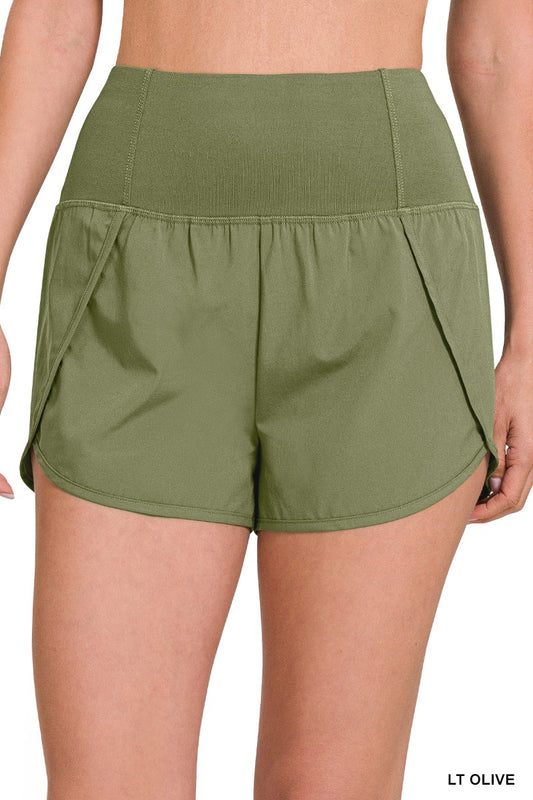 High Waisted Zippered Back Pocket Running Shorts - Olive Green