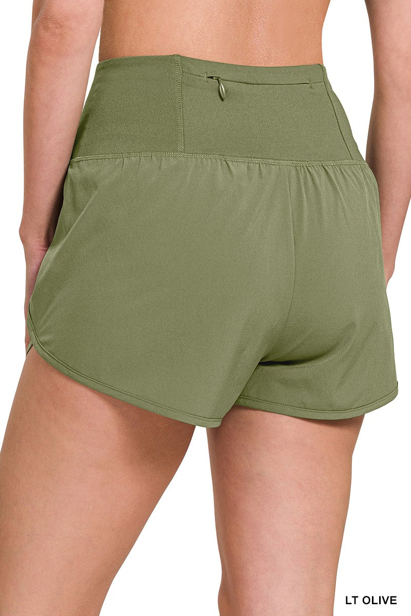 High Waisted Zippered Back Pocket Running Shorts - Olive Green