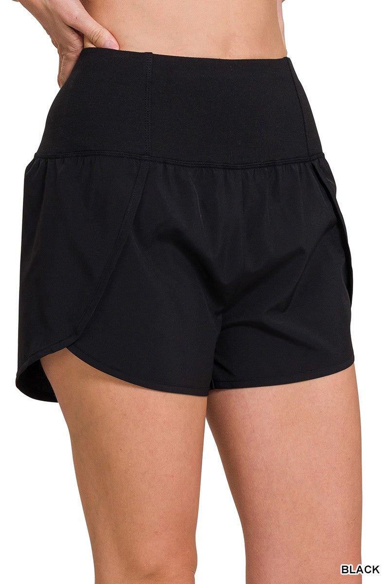 High Waisted Zippered Back Pocket Running Shorts - Black