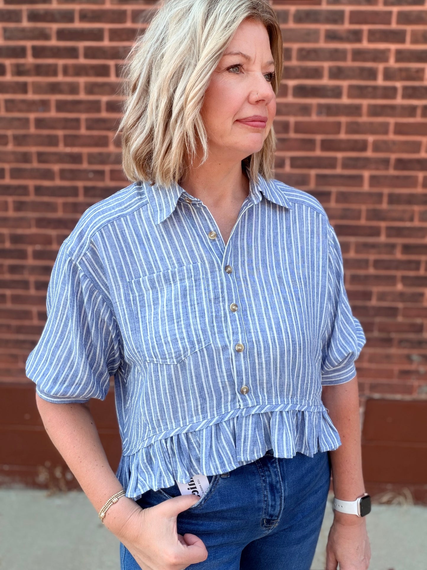 The Laney Striped Button Down Ruffled Hem Shirt
