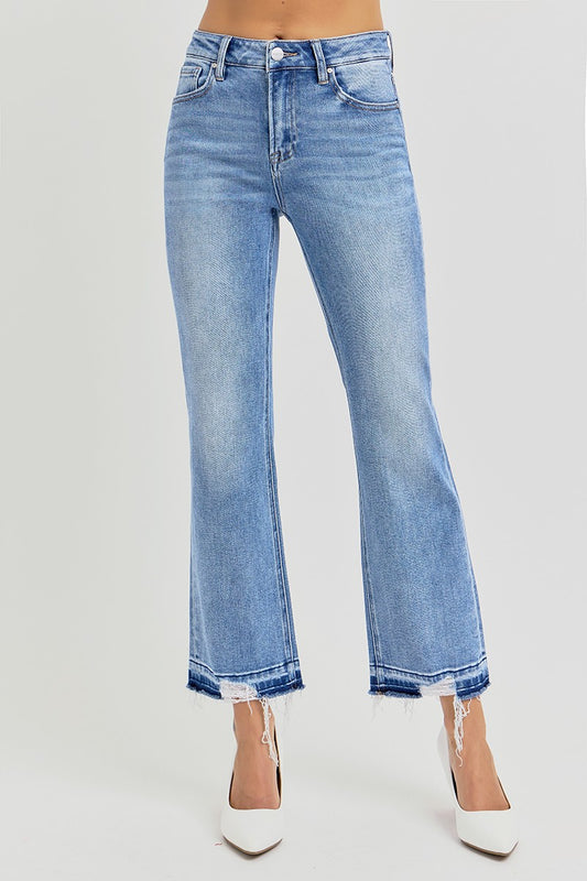 Risen High Rise Distressed Shadow Hem Straight Jeans