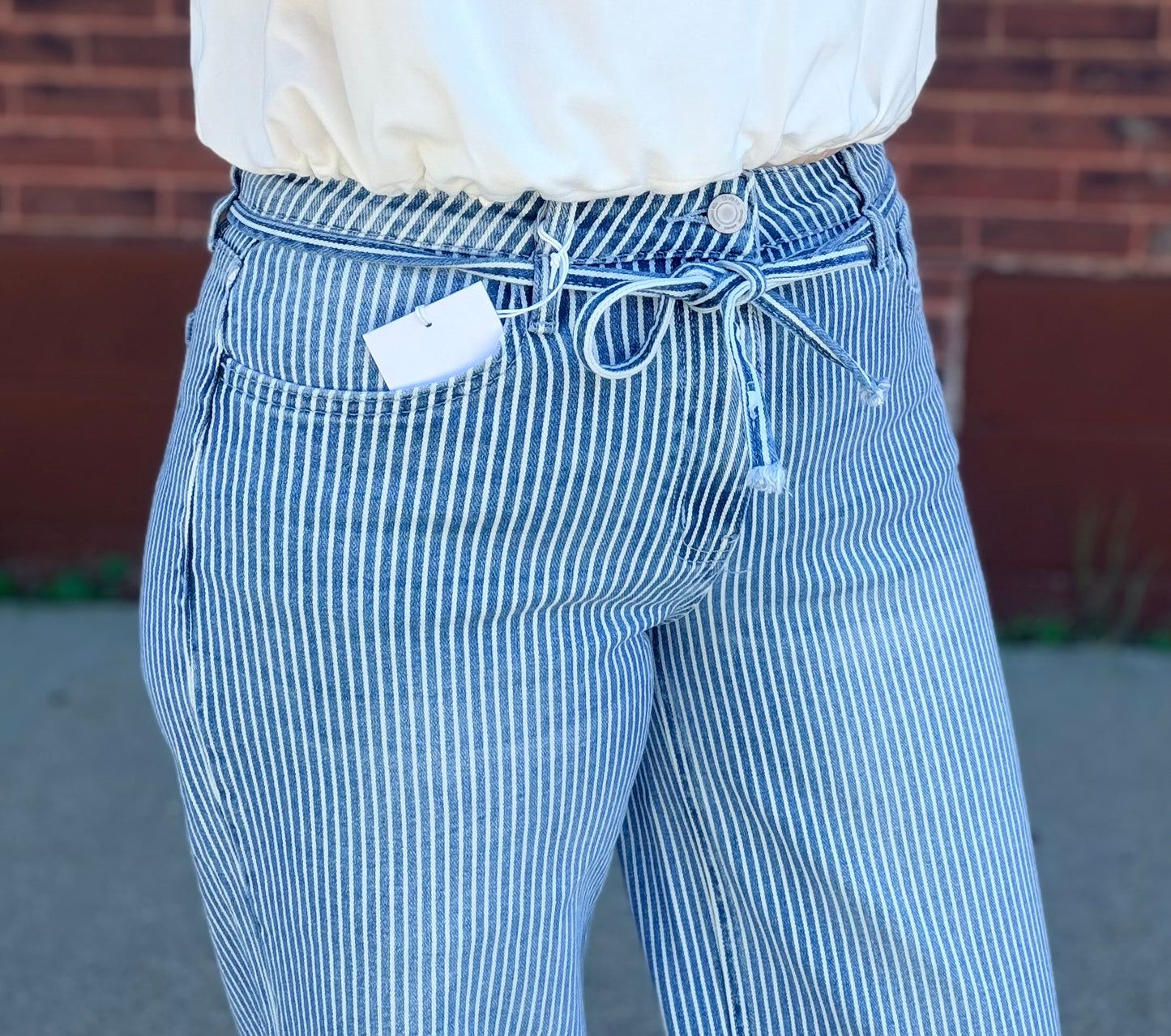Vervet High Rise Waist Tie Striped Wide Leg Jeans
