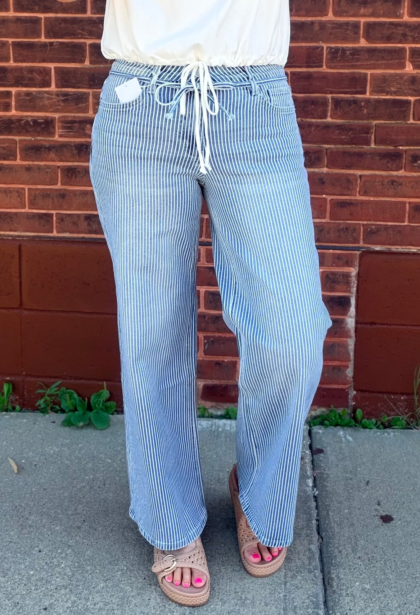 Vervet High Rise Waist Tie Striped Wide Leg Jeans