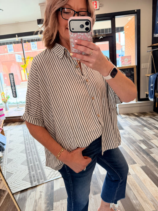 Woven Stripe Button Down Boxy Top