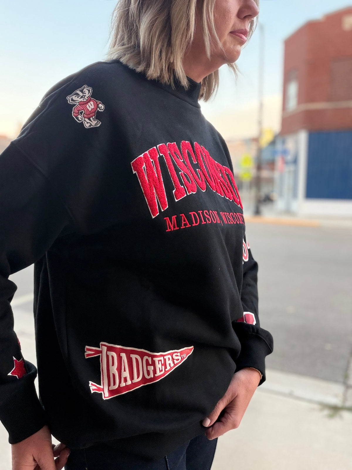 Wisconsin All Over Scatter Oversized Funnel Neck