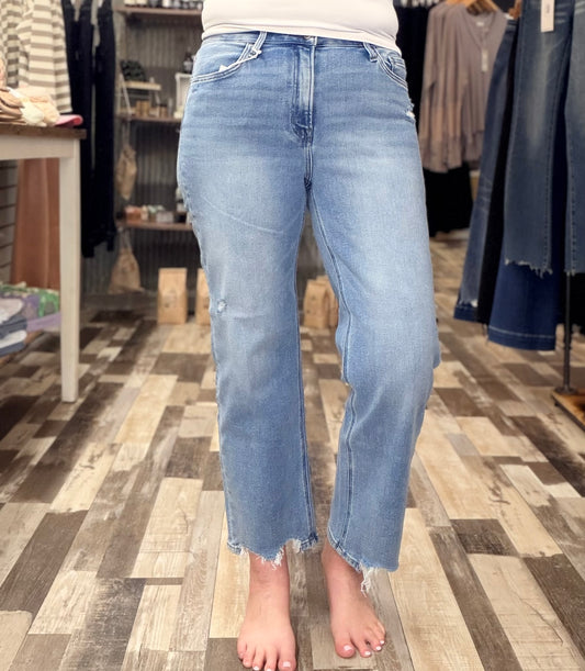 Lovervet High Rise Distressed Hem Slim Wide Leg Jeans