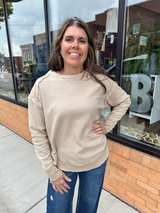 The Ellie Mineral Washed Elbow Patch Contrast Knit Top