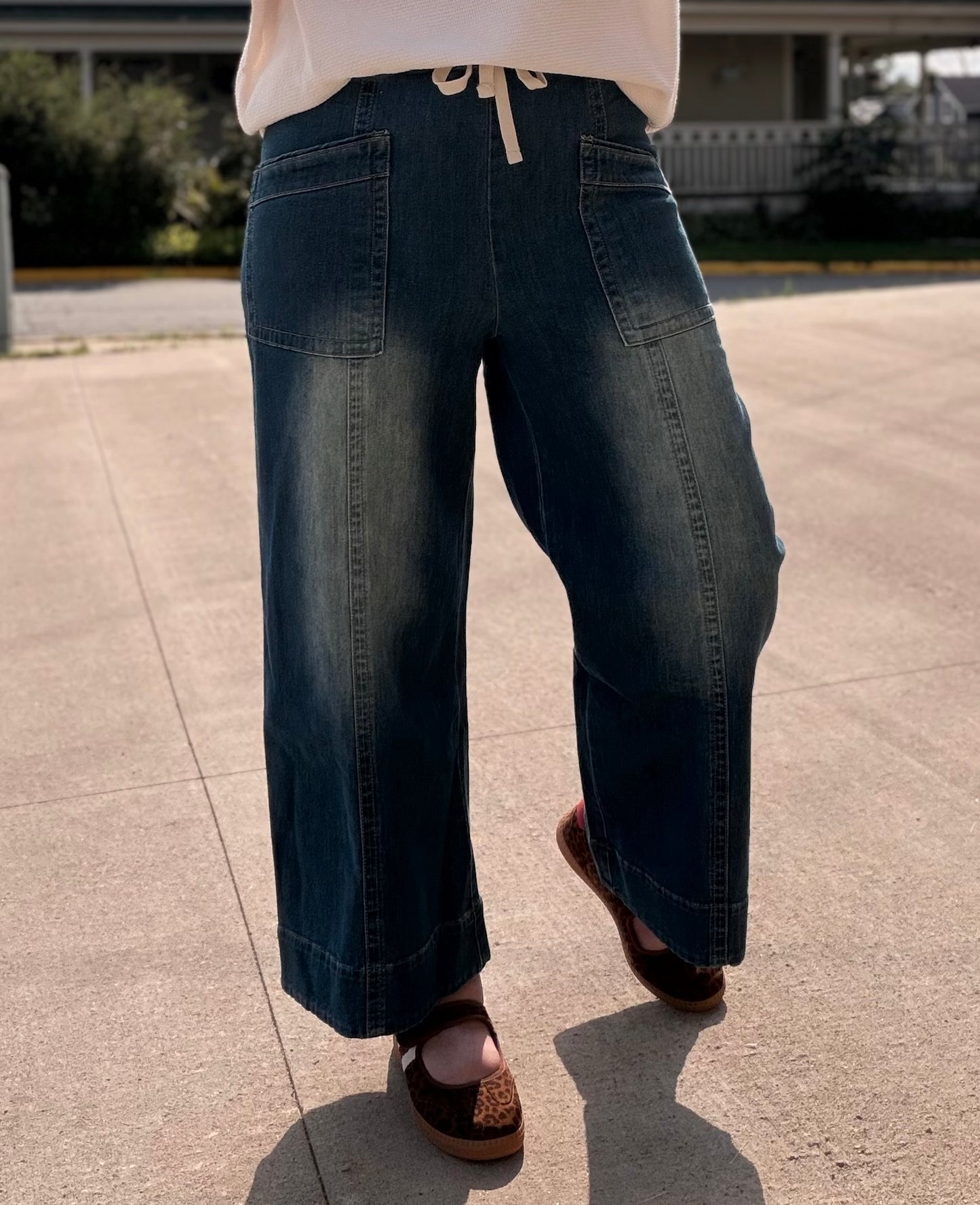 Easy Peasy Denim Wash Wide Leg Drawstring - Elastic Waist Pants