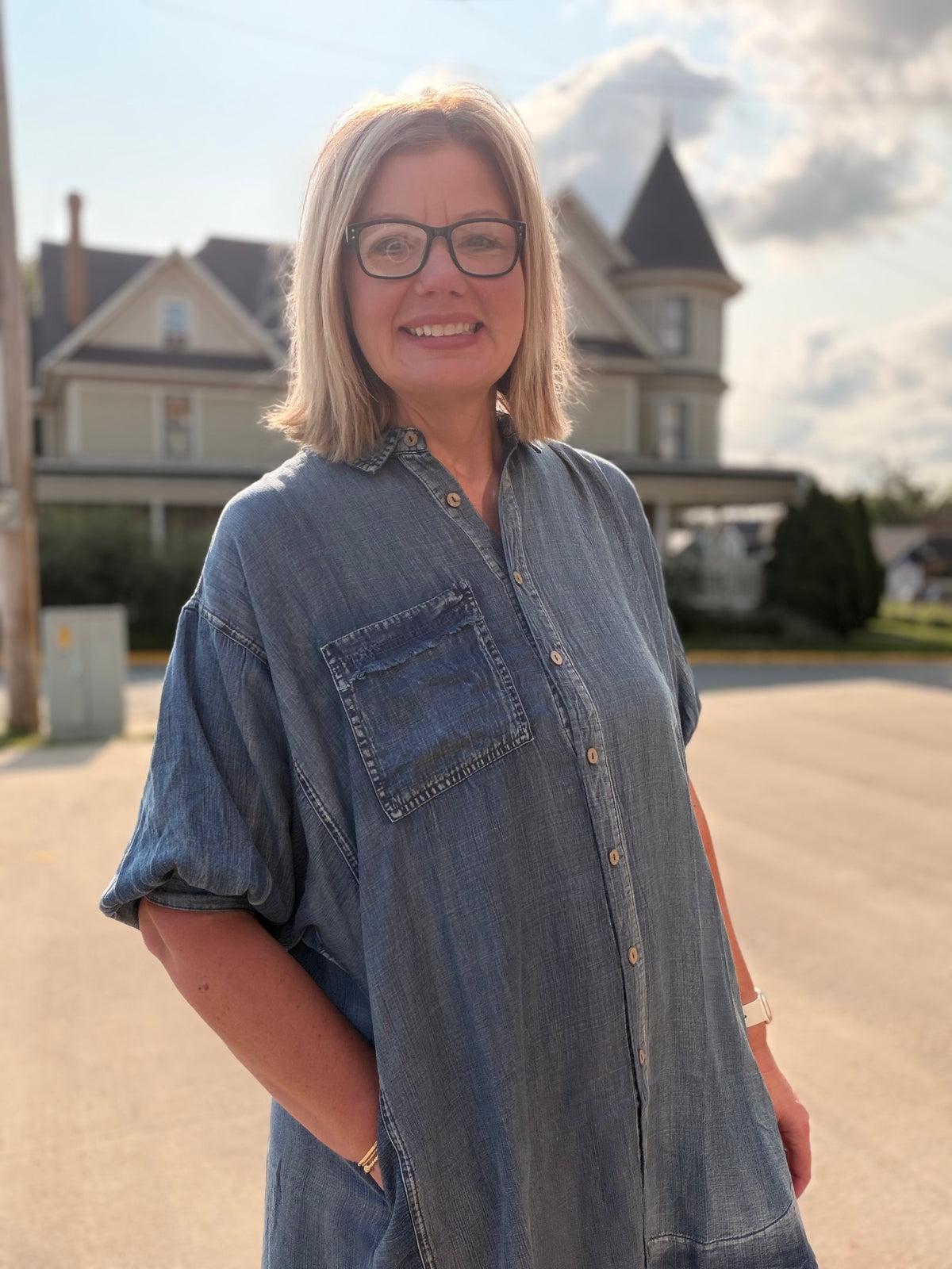 Washed Tencel Chambray Dolman Sleeve Mini Dress
