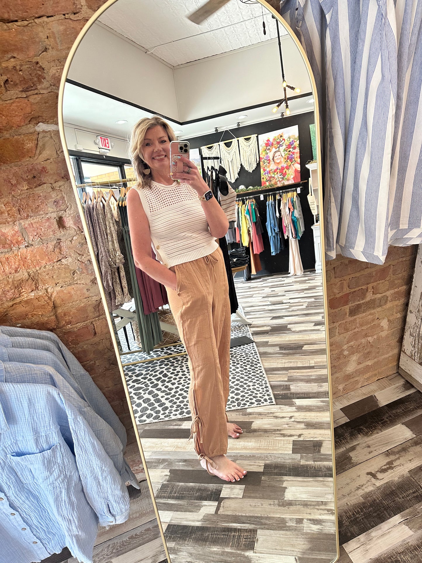 Side Tie Gauze Pants with Lace Detail