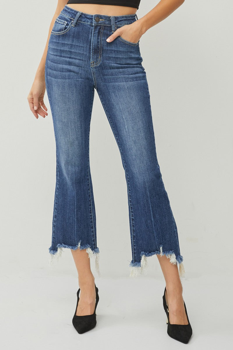 Risen High Rise Crop Flare Frayed Hem Jeans