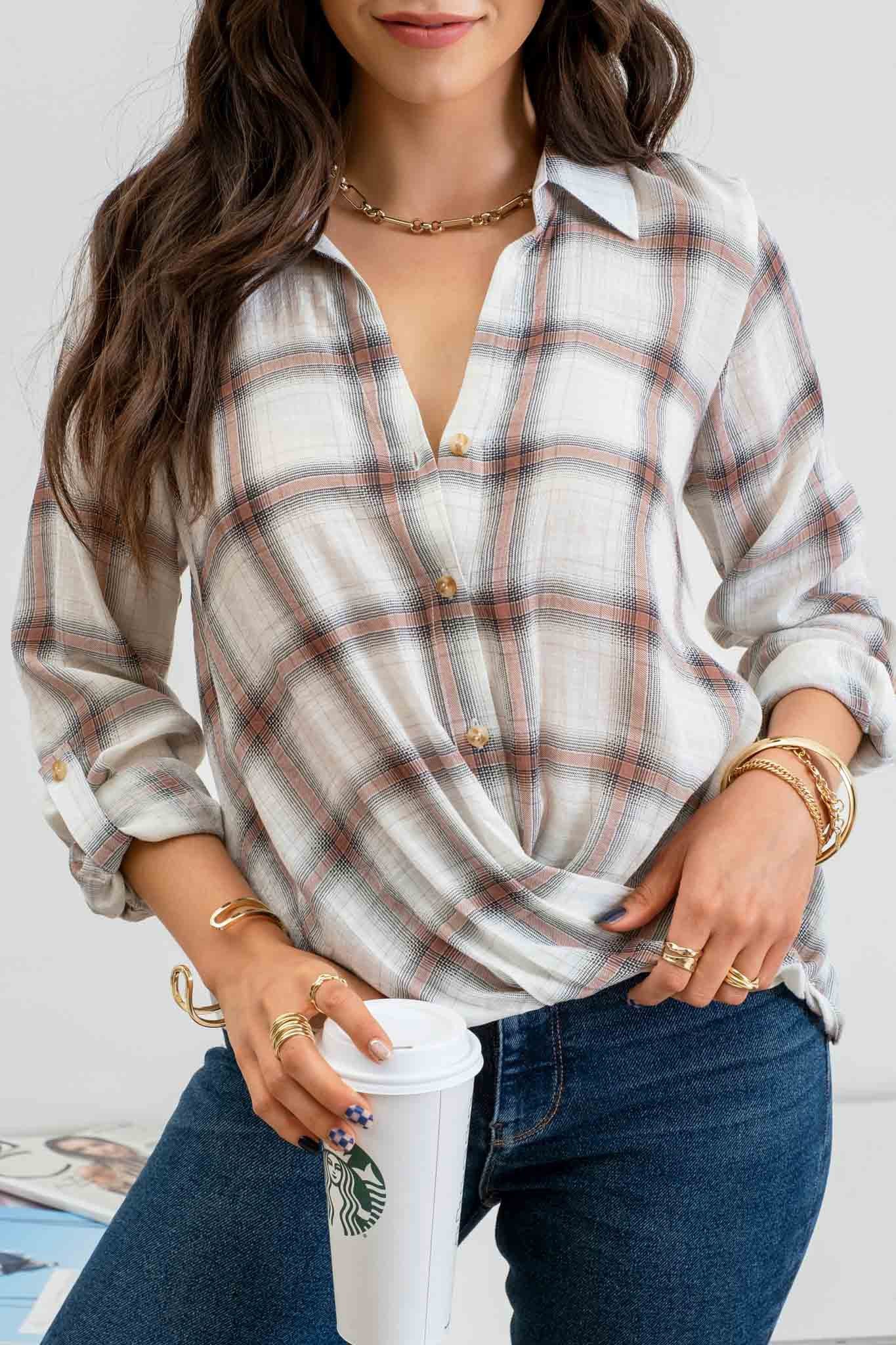 Plaid Button Up Wrapped Woven Top