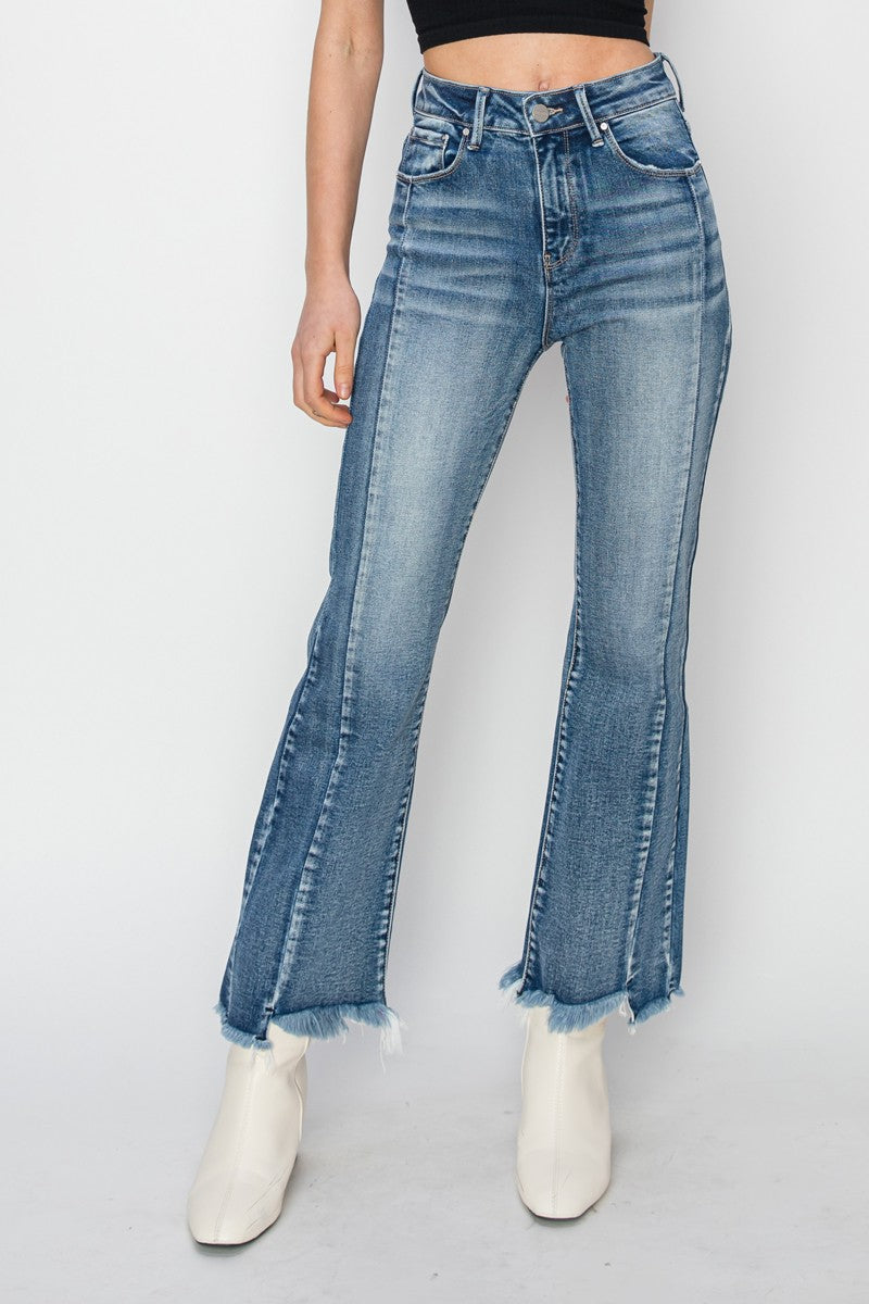 Risen High Rise Step Hem Detail Ankle Flare Jeans