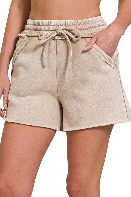 Acid Wash Fleece Drawstring Shorts w/Pockets