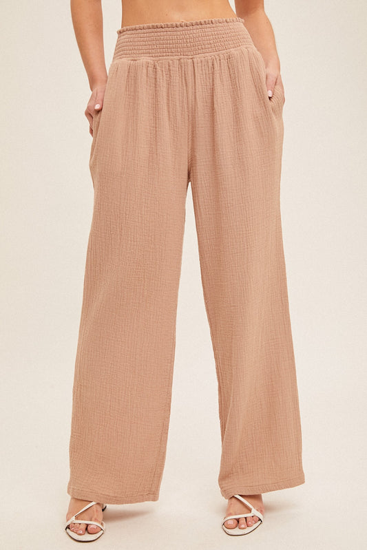 Crinkle Gauze Smocked Waist Pants