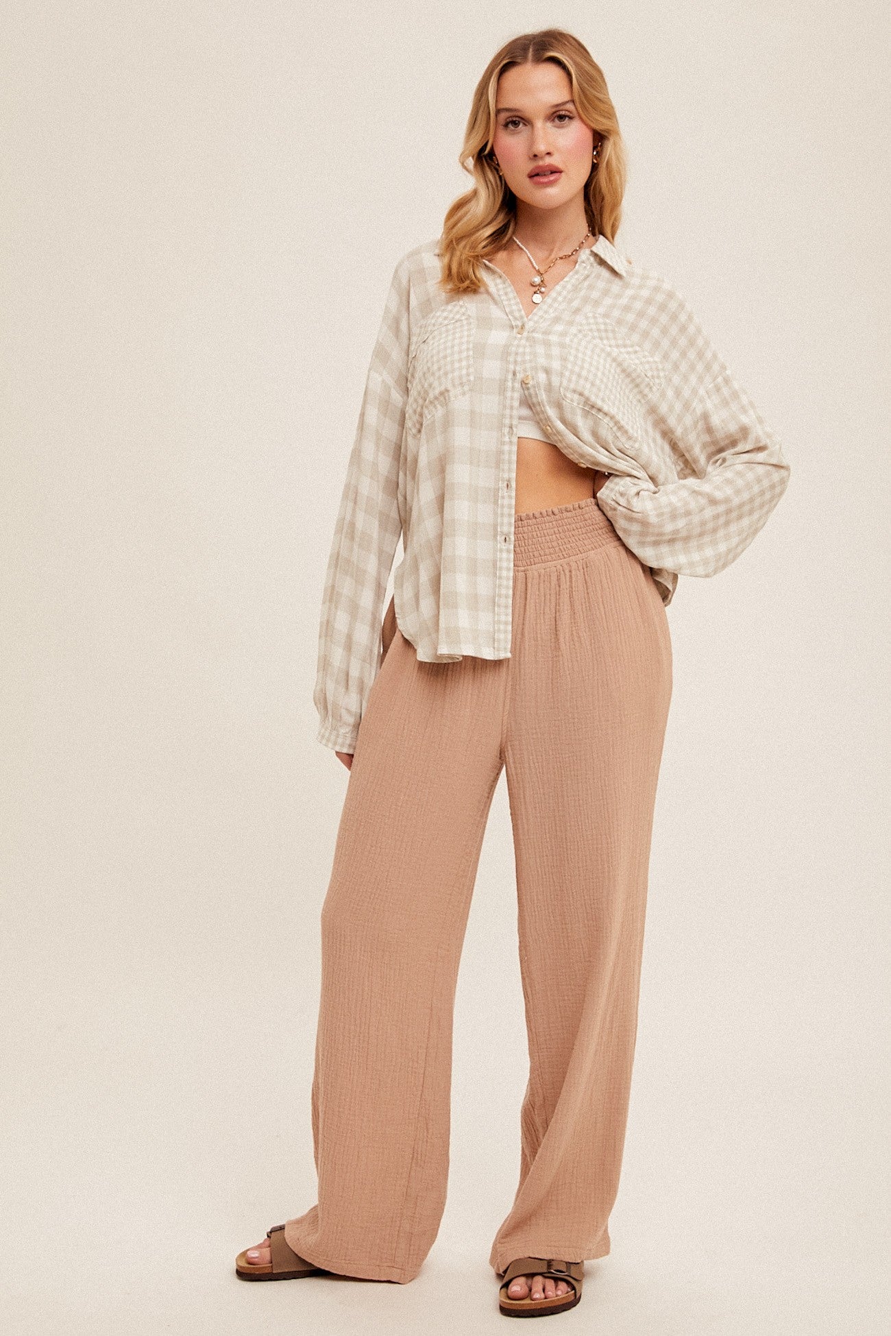 Crinkle Gauze Smocked Waist Pants