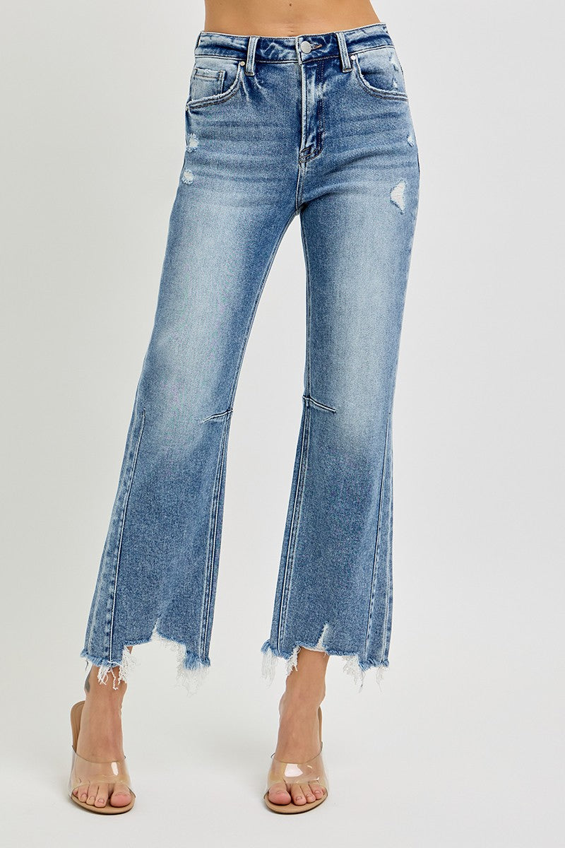 Risen High Rise Crop Straight Distressed Hem Jeans