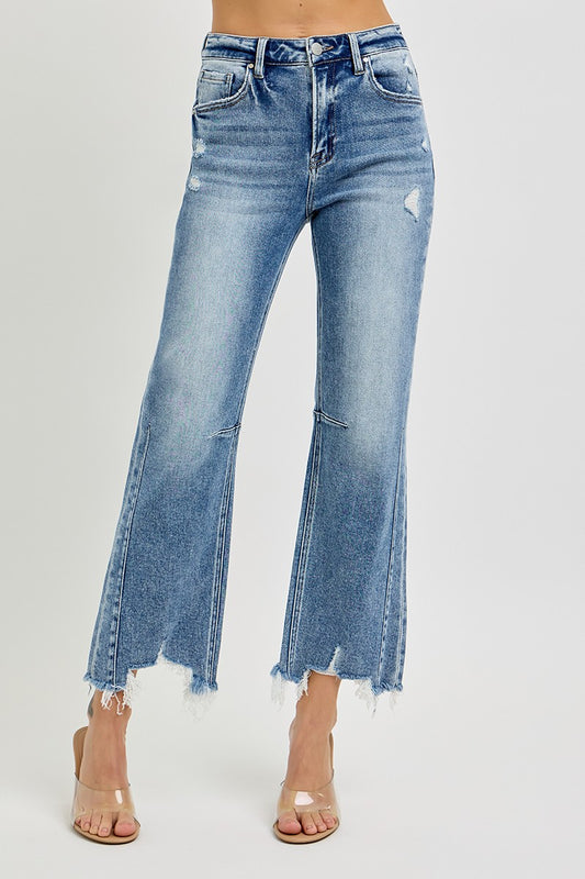Risen High Rise Crop Straight Distressed Hem Jeans