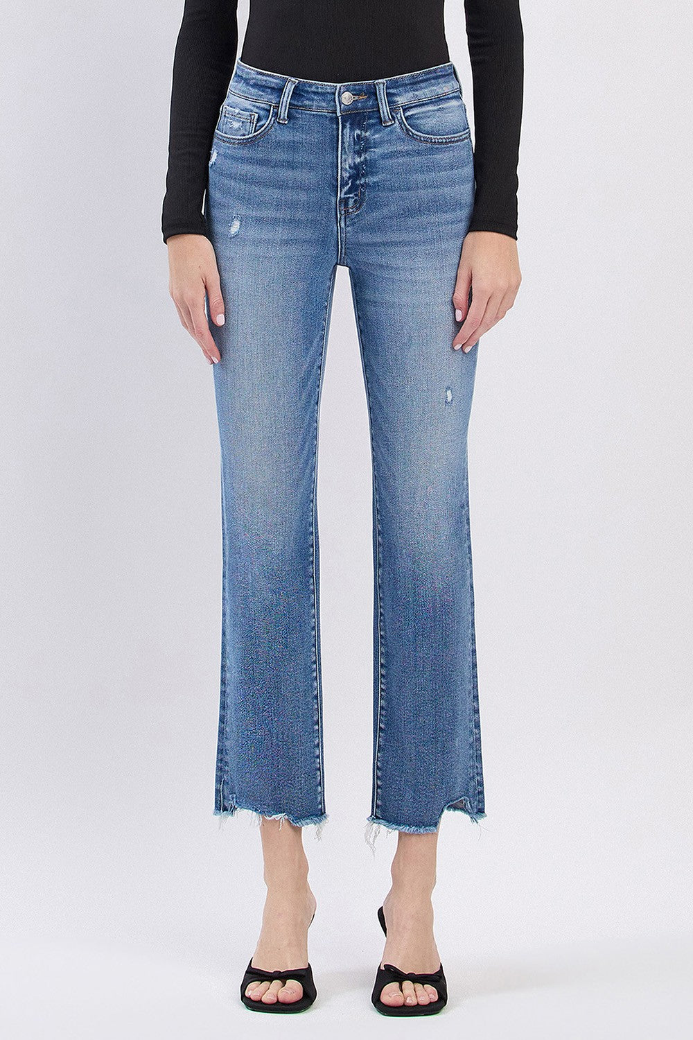 Lovervet High Rise Uneven Raw Hem Slim Straight Jeans