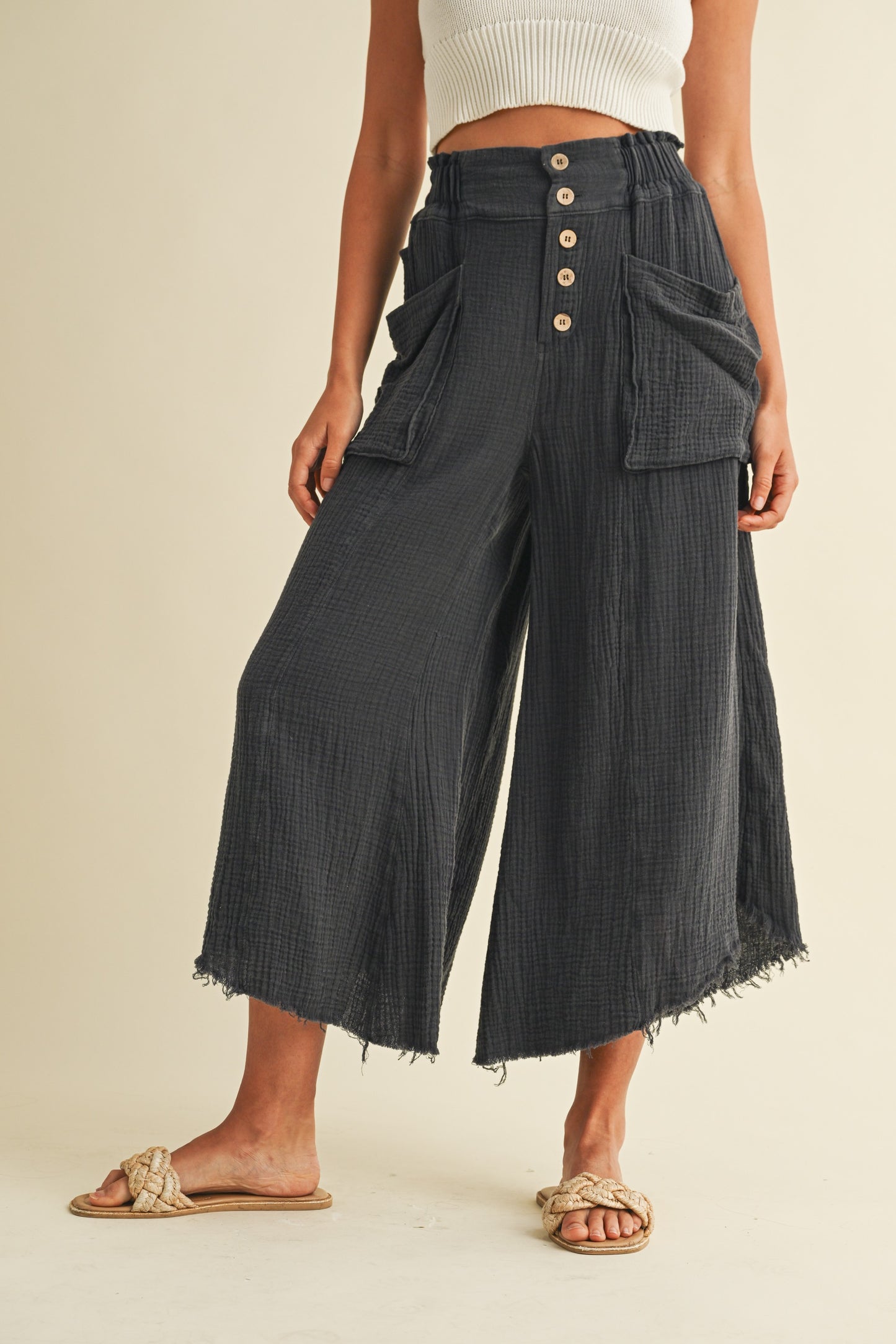 The Tara Mineral Washed Fray Hem Linen Cotton Wide Pants