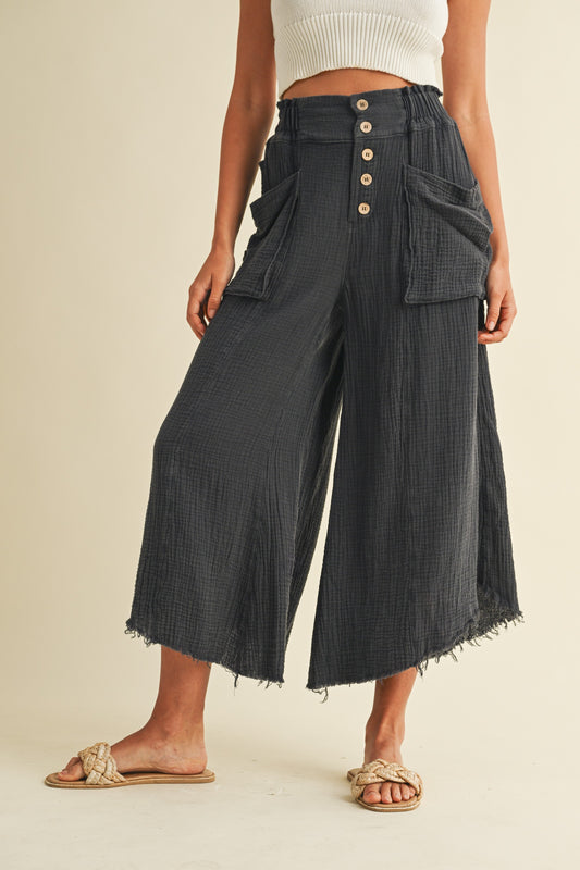 The Tara Mineral Washed Fray Hem Linen Cotton Wide Pants