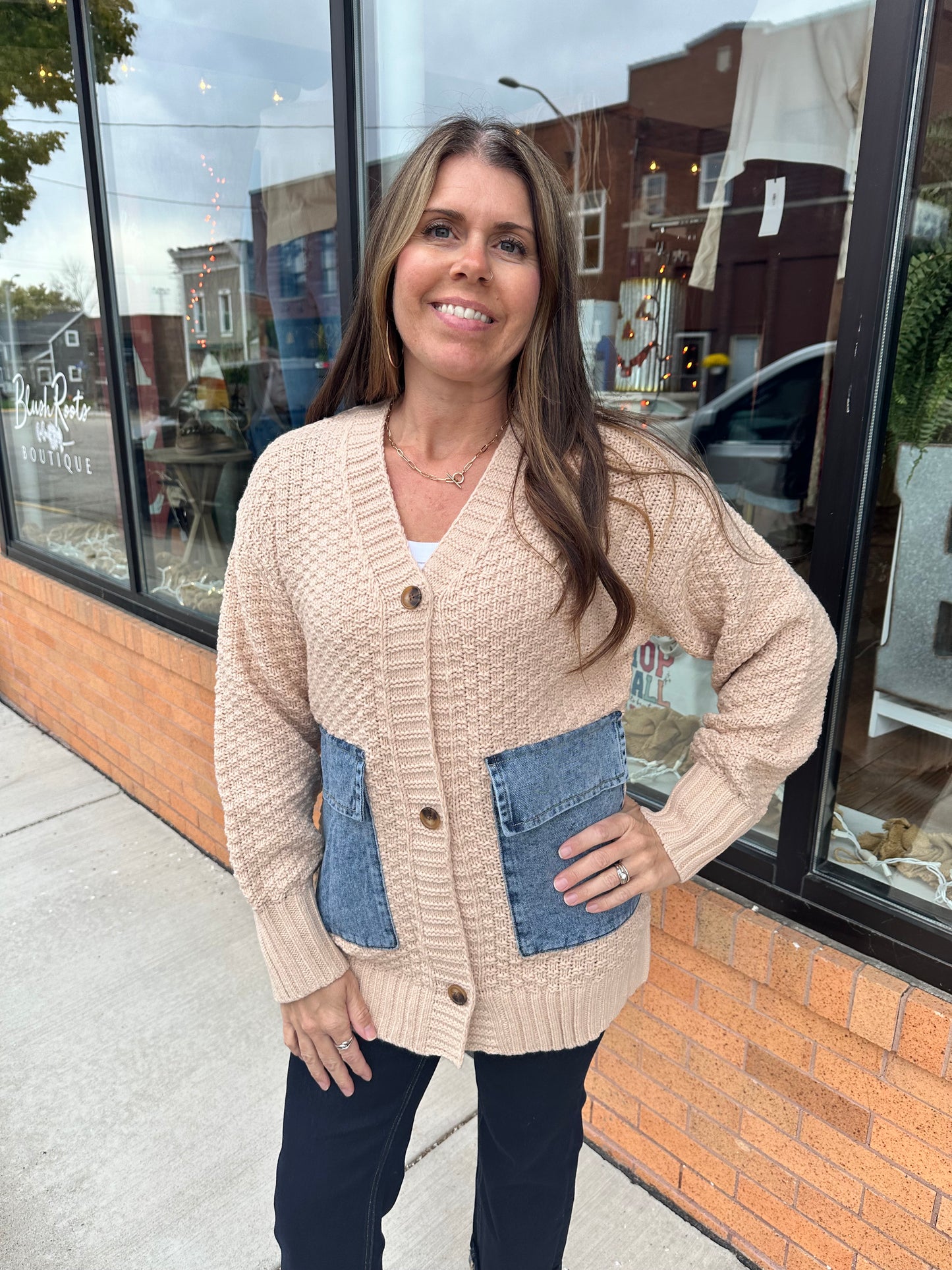 The Staci Open Front Denim Pocket Cardigan