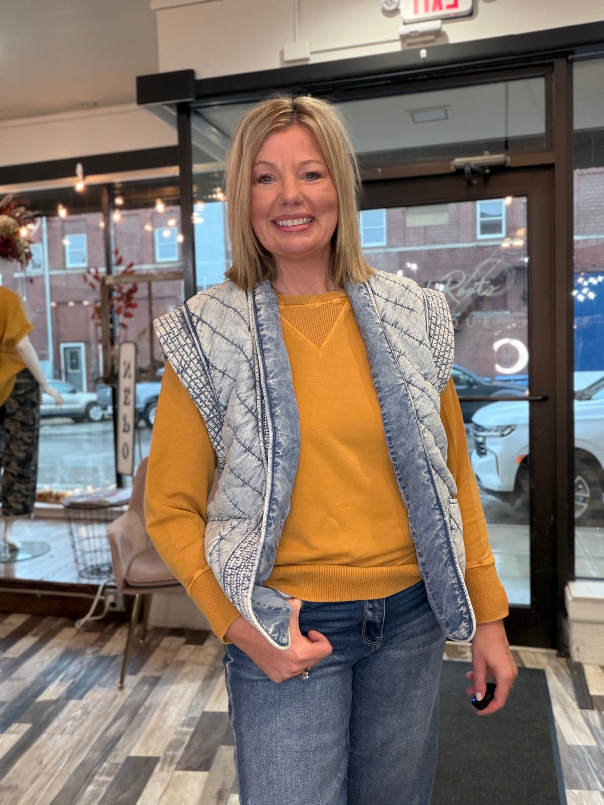 The Kinley Washed Denim Quilted Shawl Vest