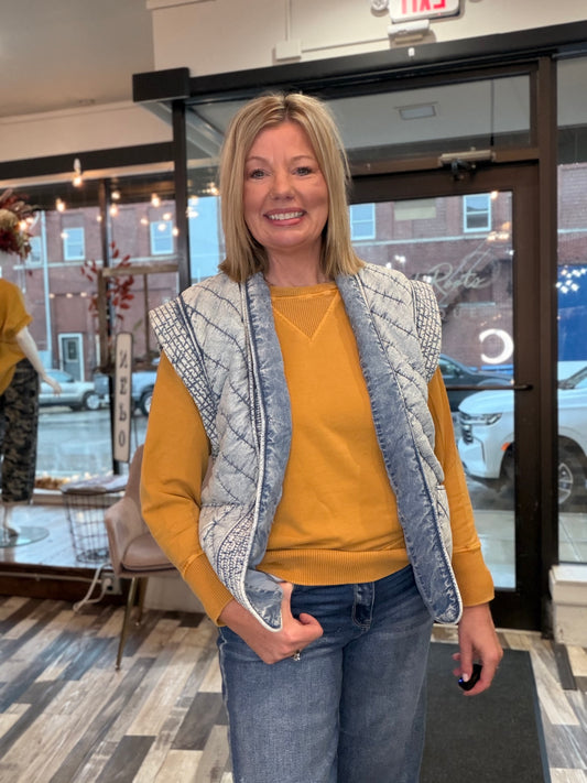 The Kinley Washed Denim Quilted Shawl Vest