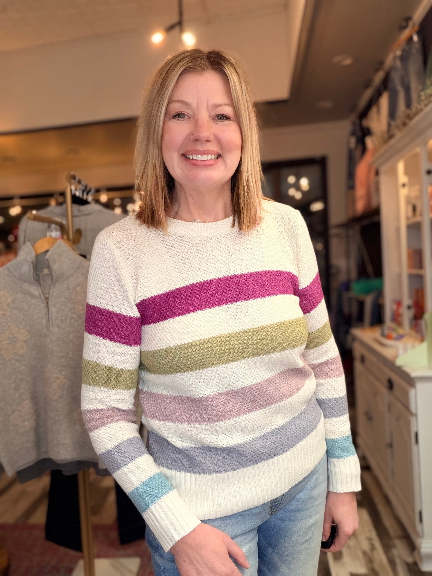 Magenta/Olive Striped Long Sleeve Sweater