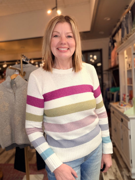 Magenta/Olive Striped Long Sleeve Sweater
