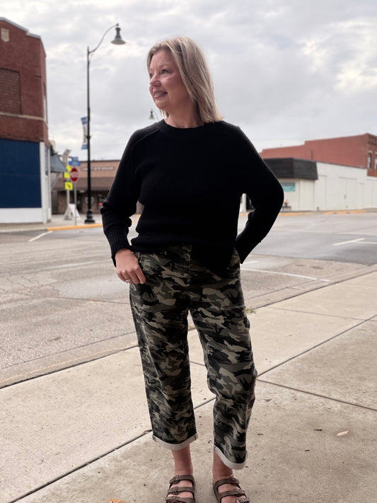 The Aspen Mid Rise Boyfriend Camo Crop from Mica